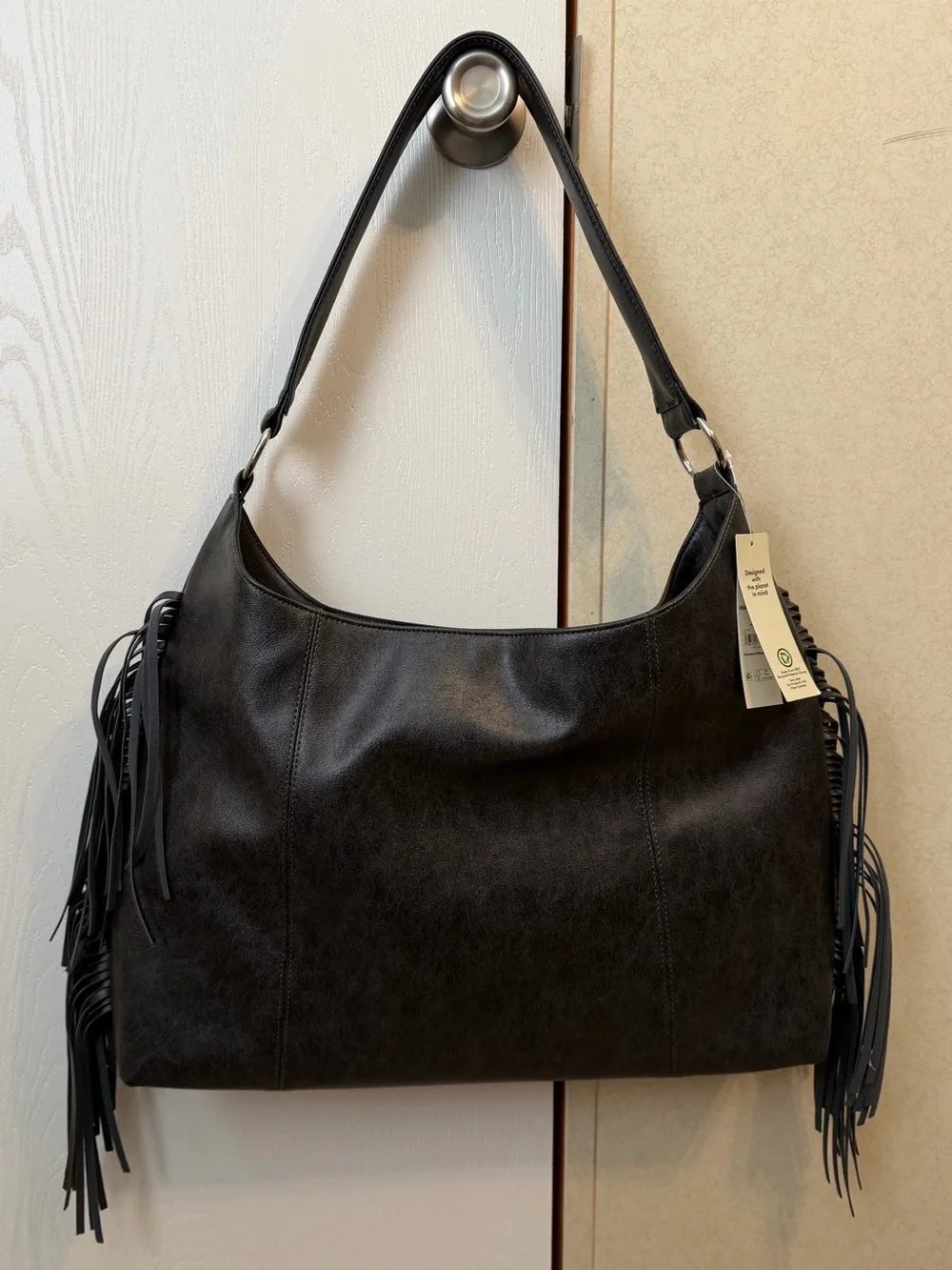 NO BOUNDARIES Faux Leather Oversized Moto Gobo Bag with Fringe NWT
